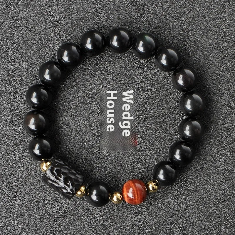 Obsidian bracelet with 10mm tiger eye beads in unisex couple design