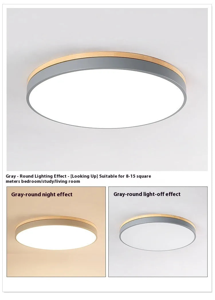 Round solid wood and iron LED ceiling lamp in a Nordic design, shown in a white finish.