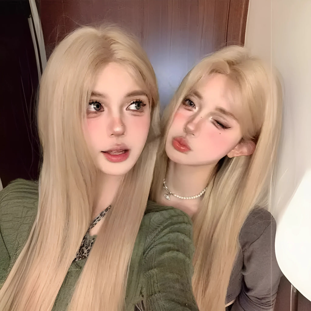 Long straight grey gold wig for women with milk tea blonde colour and included hairnet