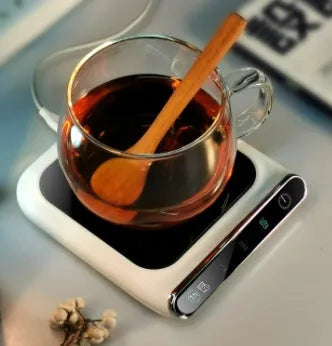 Black USB-powered coffee cup warmer with compact 118x132mm heating coaster design