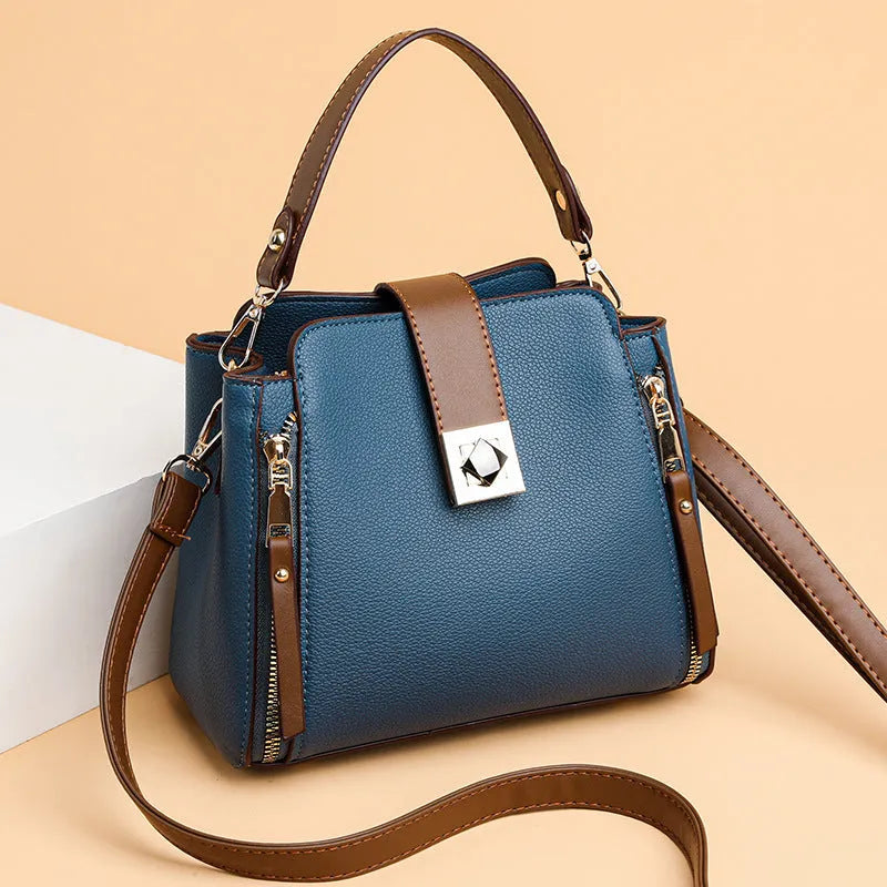 Women's fashion casual all-match PU leather crossbody bucket bag in black with spliced street trend design