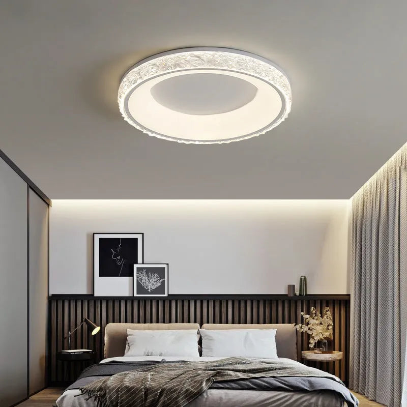 Nordic iron and acrylic ceiling lamp 50cm diameter with three-colour dimming, shown in white finish