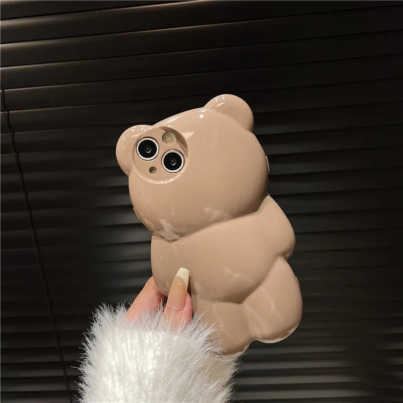 Silicone anti-fall phone case with cute three-dimensional bear design for iPhone, khaki colour