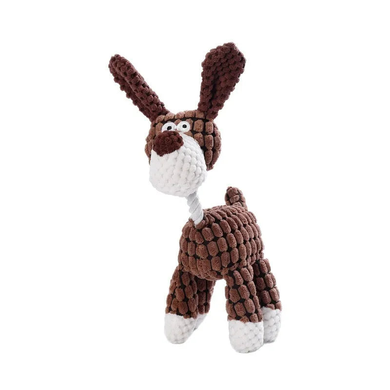 A selection of colourful plush pet toys including a rechargeable duck, a blue elephant, and a donkey.