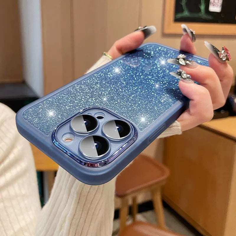 Transparent glitter iPhone case with gradient finish and magnetic suction feature