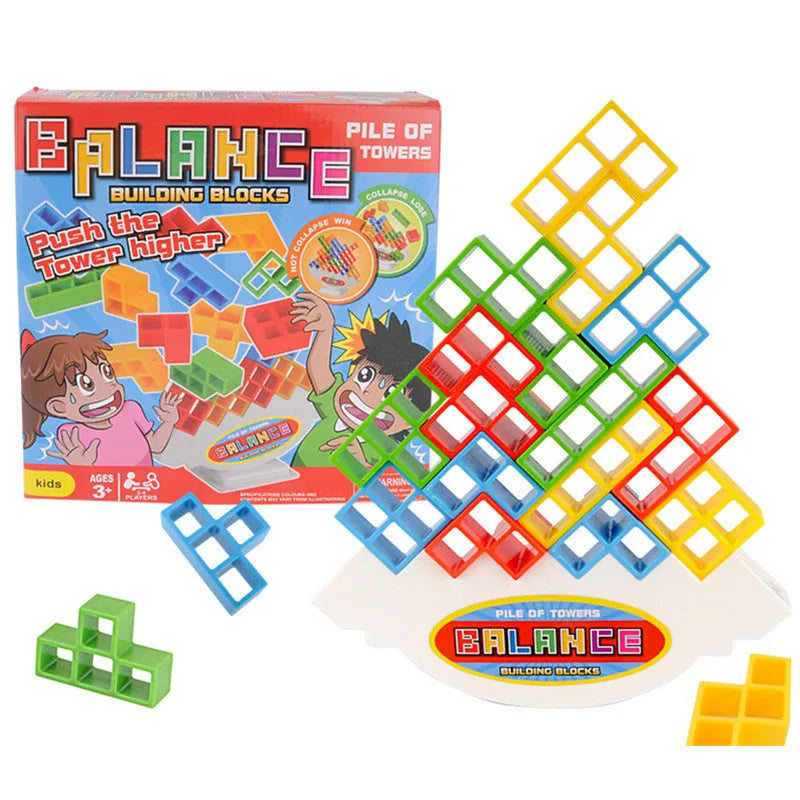 Plastic balance stacking game with 16 colourful building blocks on a square chassis