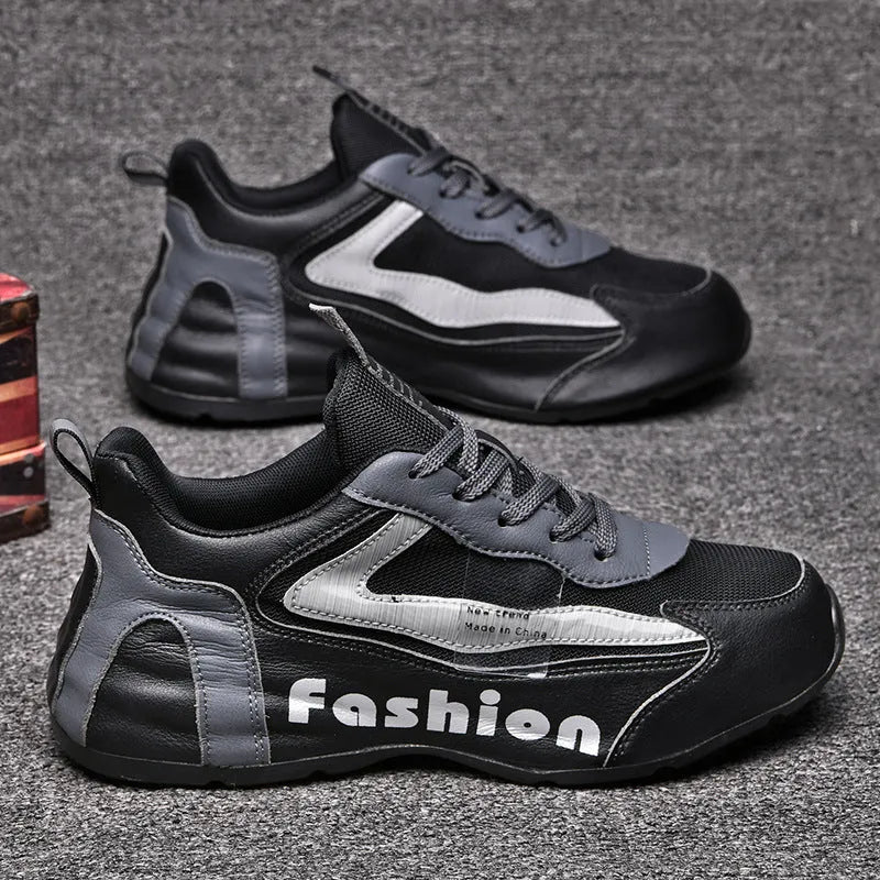 Men's breathable mesh sports shoes in black, low top lace-up with rubber sole and mid heel