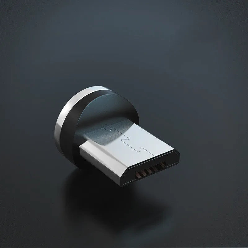 Magnetic charging cable with glowing LED light connected to a smartphone showing Lightning, USB-C, and Micro USB magnetic adapters.