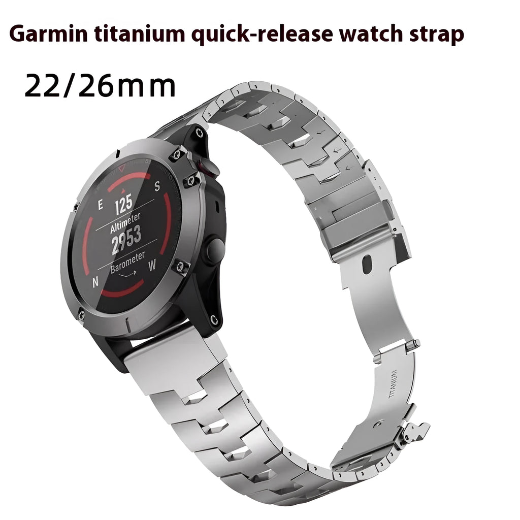 Garmin Jiaming Fenix series replacement watch strap in black, silver, or titanium colour with 22mm or 26mm width options
