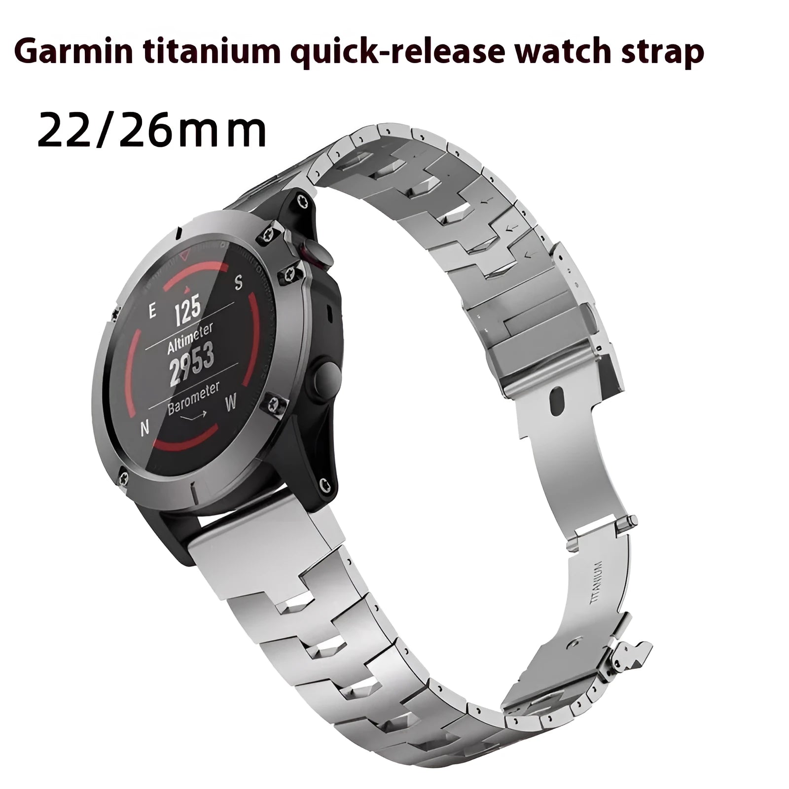 Garmin Jiaming Fenix series replacement watch strap in black, silver, or titanium colour with 22mm or 26mm width options