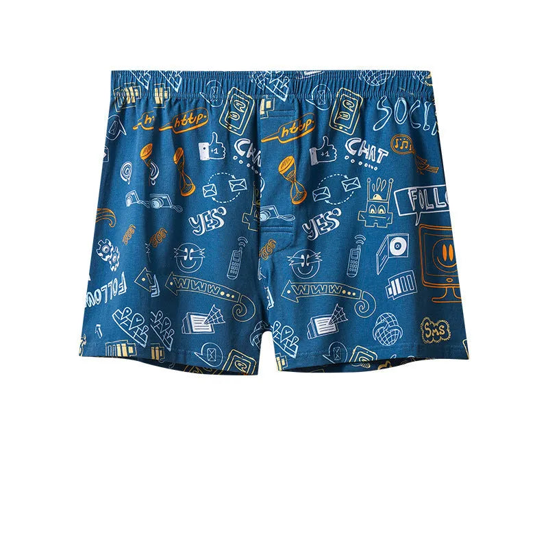 Men's cotton boxer shorts in a selection of patterns including Beast Carnival and Space Travel, showing mid-waist design.