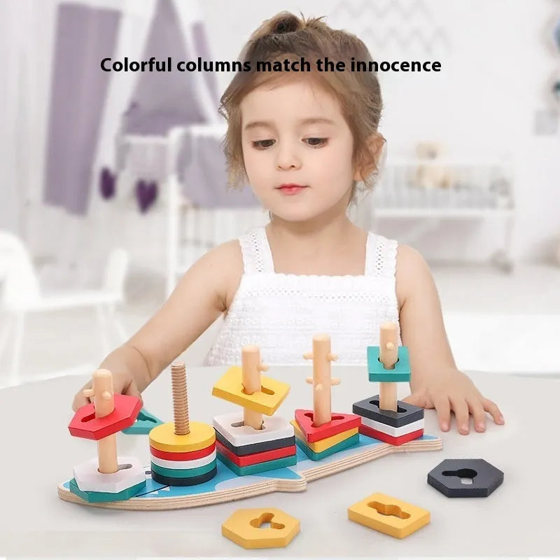 Wooden geometric column building blocks toy in May Day set column colour with colour box packaging 27cm