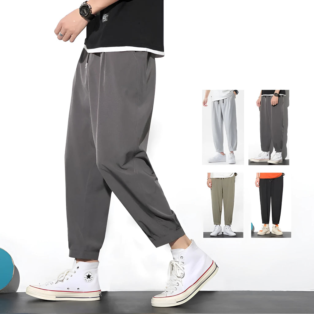 Men's drawstring ice silk trousers loose nine-point pants mid-waist solid colour black gray green light gray