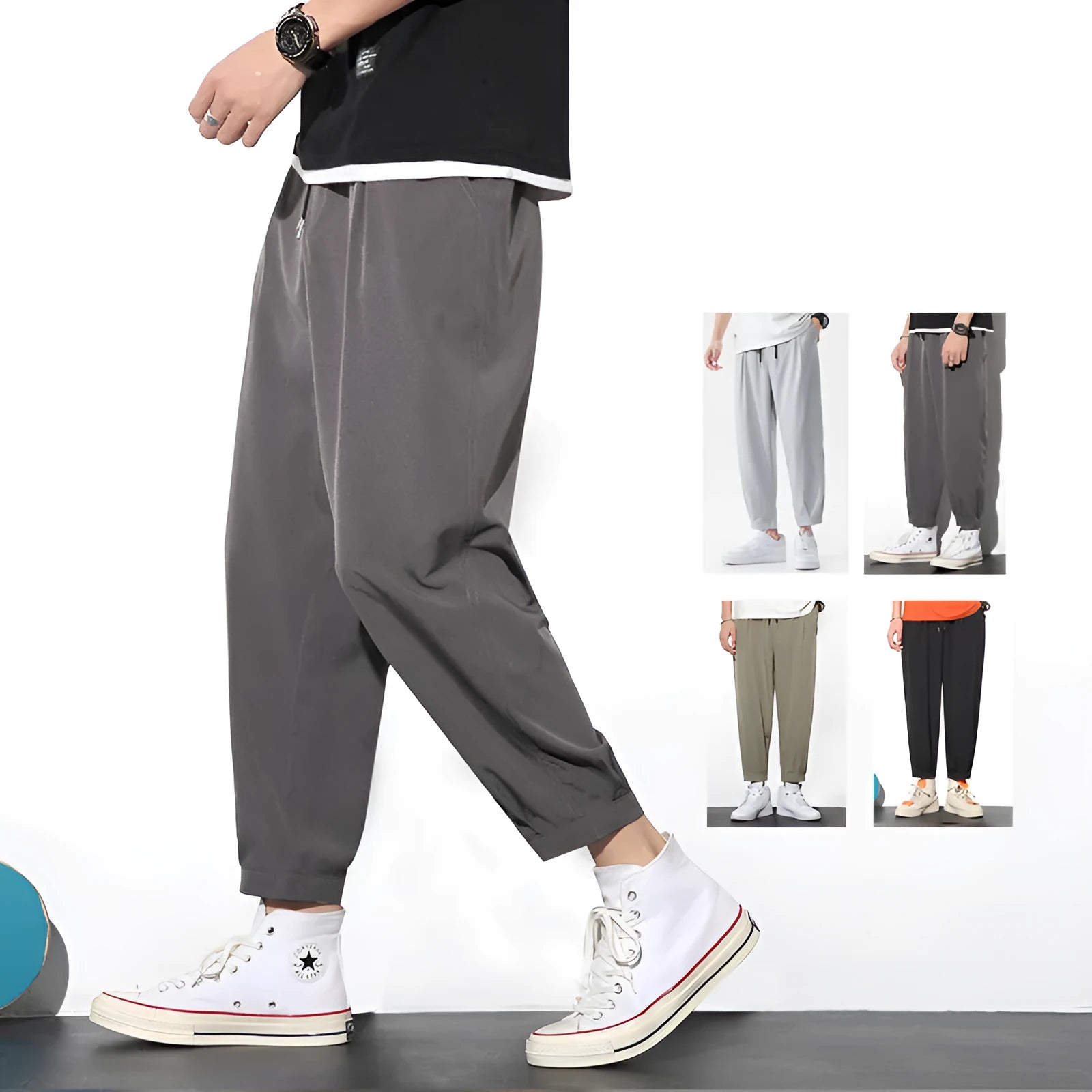 Men's drawstring ice silk trousers loose nine-point pants mid-waist solid colour black gray green light gray