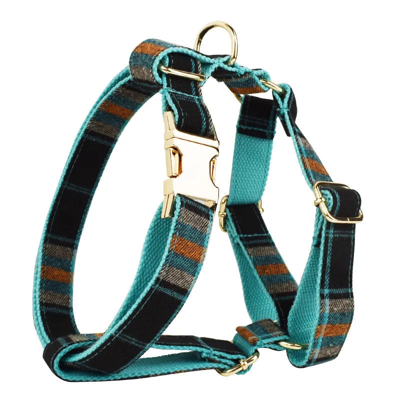Green retro pet collar and leash set with matching dog vest and bow accessory