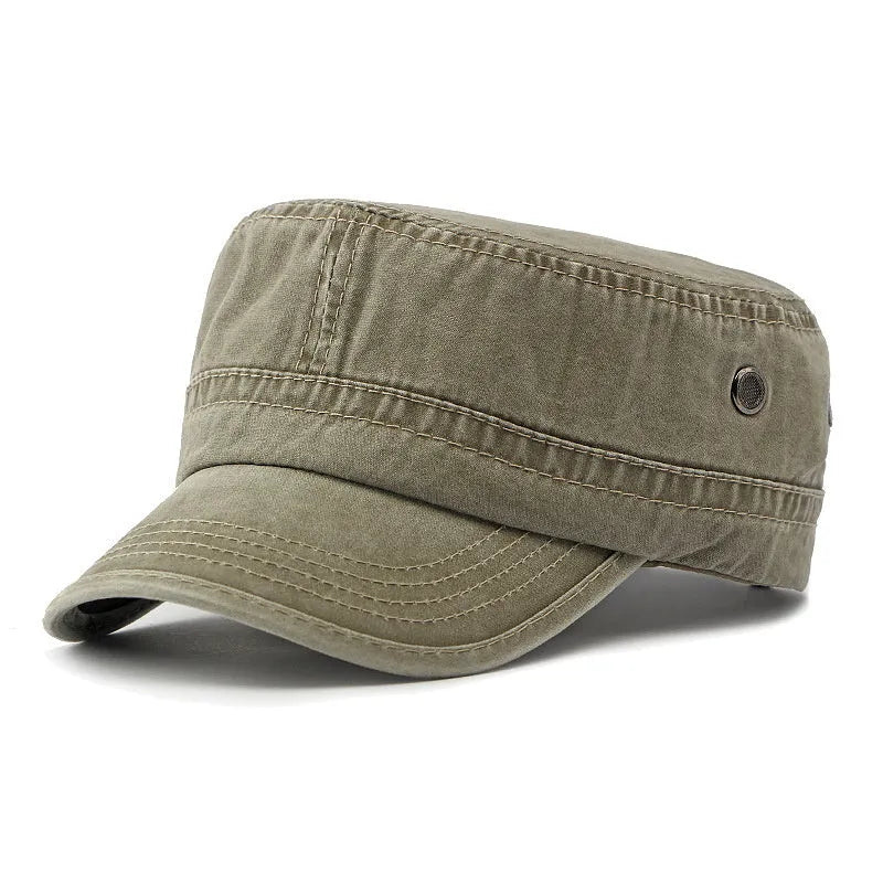 Flat top military cap in cotton fabric with adjustable strap and four colour options