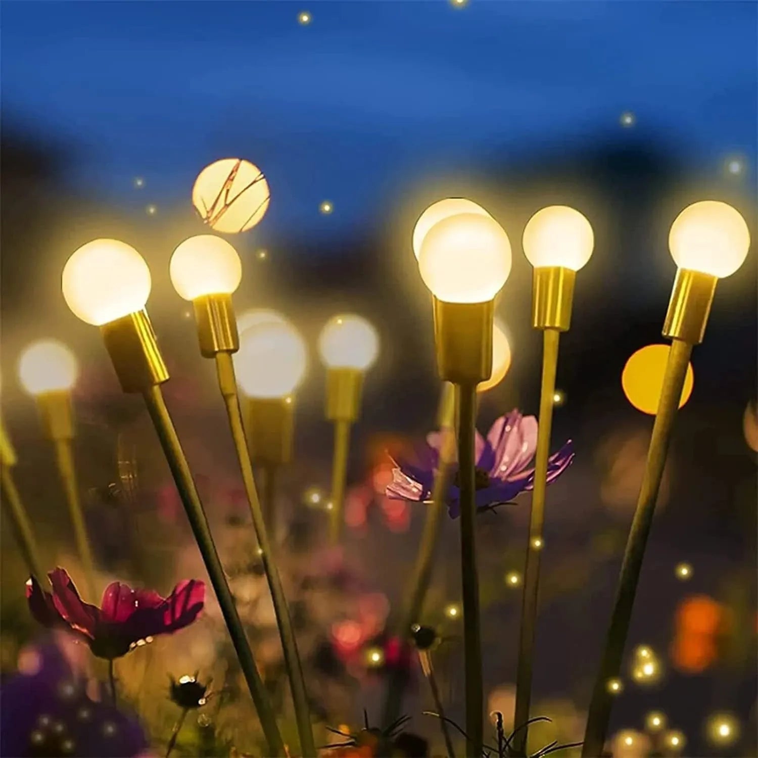 Solar-powered LED garden spike light with multiple firefly-like heads and a push-in pneumatic ground plug.