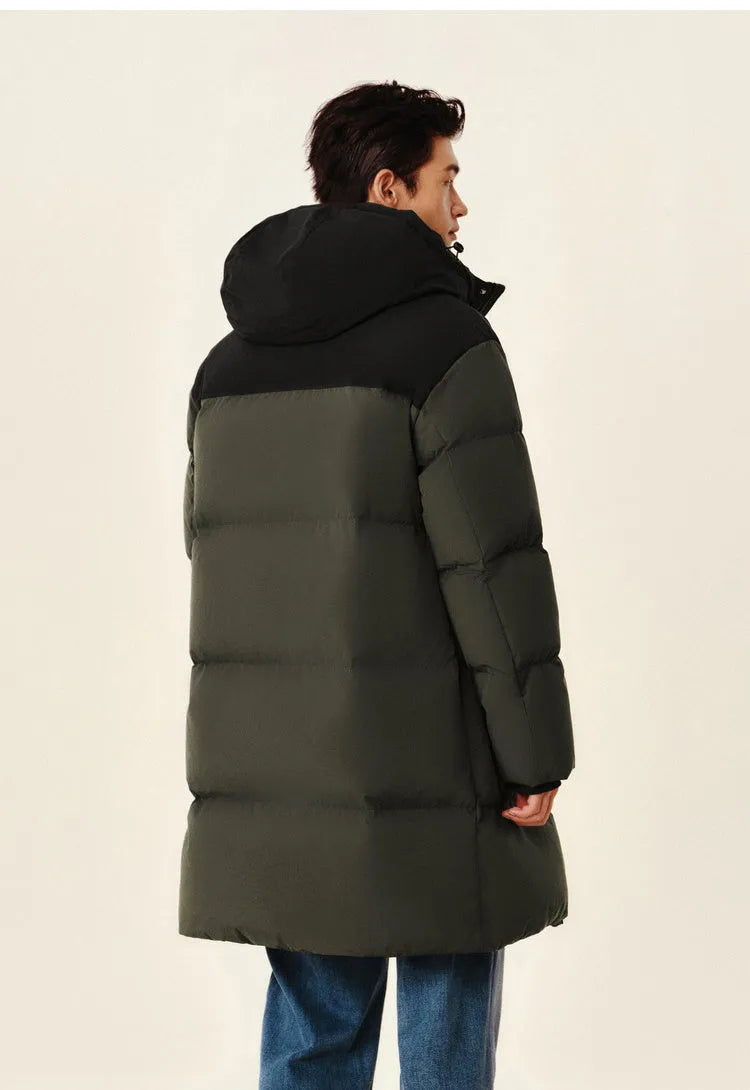 Long black waterproof winter coat with duck down filling, front view, available in multiple sizes