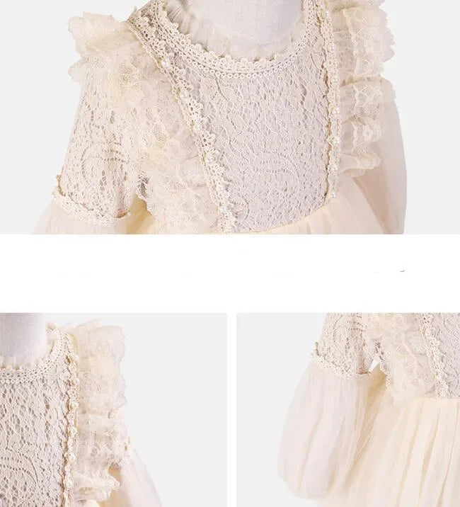 Children's long-sleeved princess dress in apricot with lace top and petticoat skirt