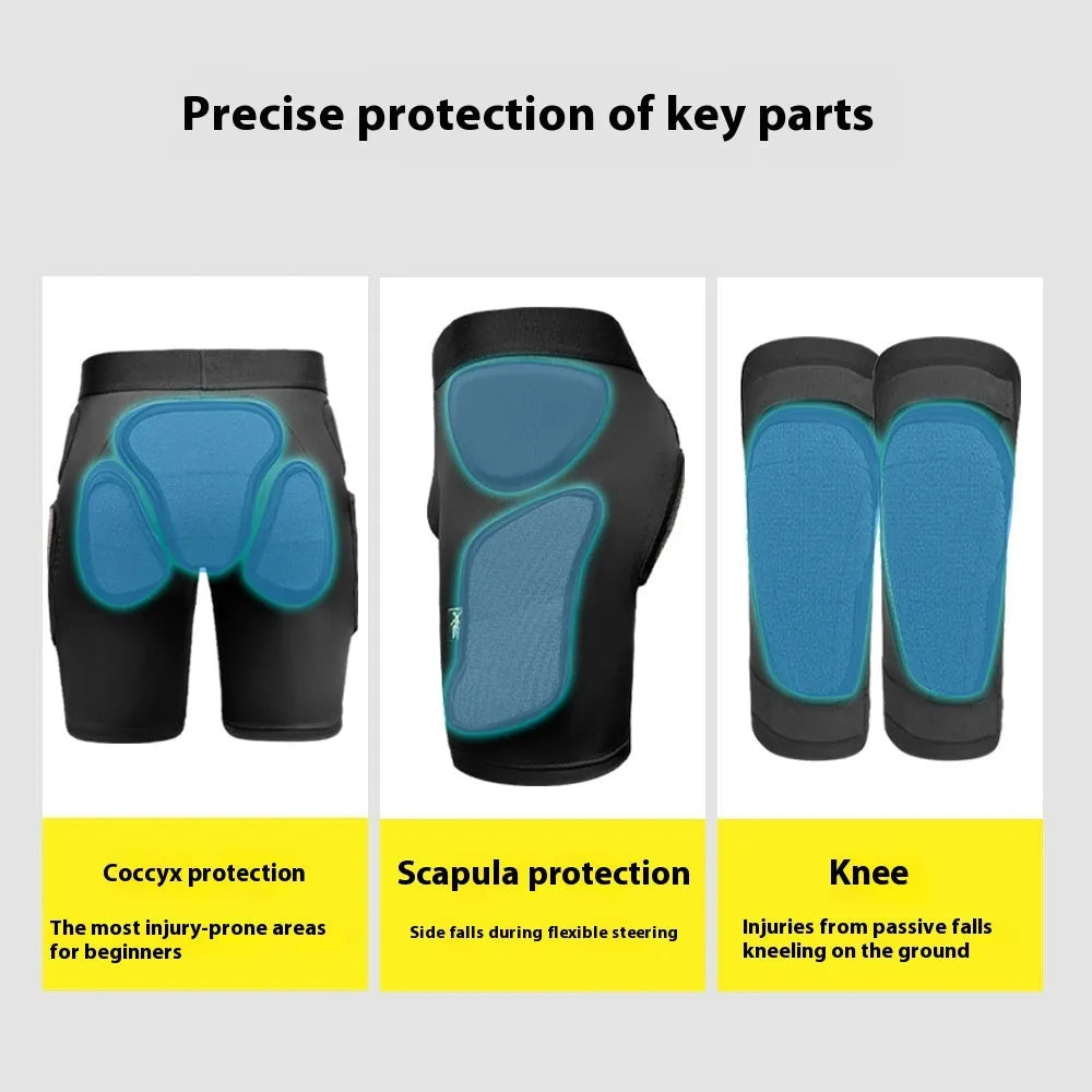 X-ray diffraction skiing protective set with slim hip pads and multiple protection knee pads.