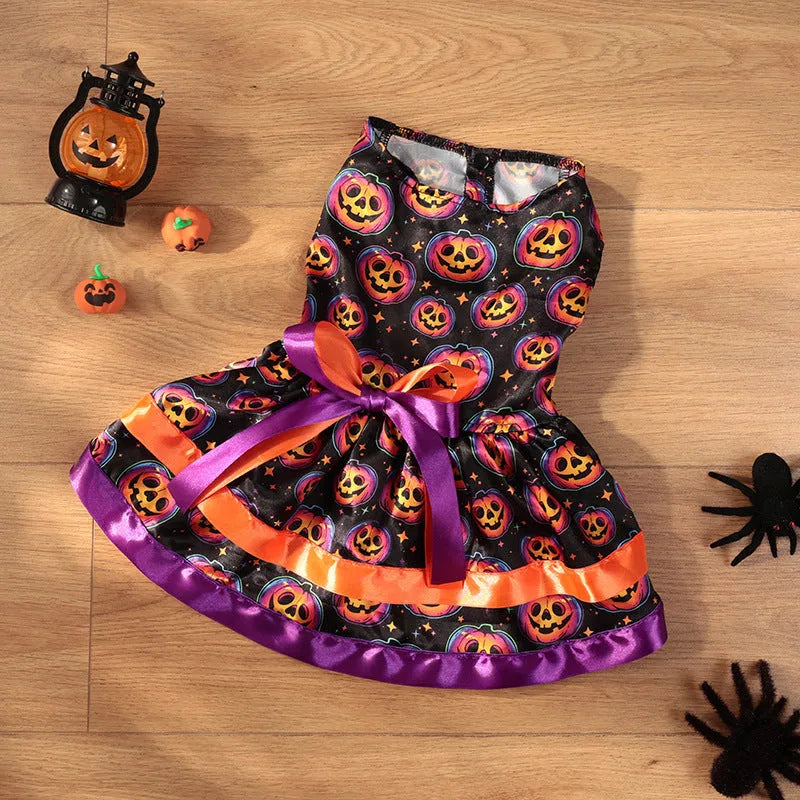 Halloween pet skirt for dogs with double-layer design and colourful pumpkin print.