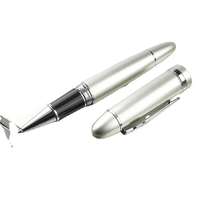 Metal ball pen with pearl round beads and black gold clip on white background
