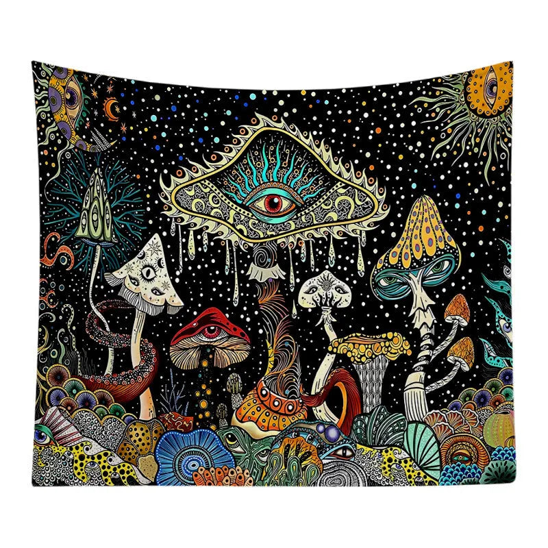 Polyester machine woven tapestry with skull mushroom geometric abstraction pattern in starry mushroom colour
