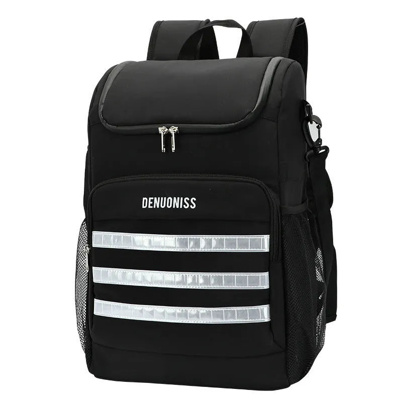Cloth backpack with integrated bottle opener on shoulder strap, shown in available colours.