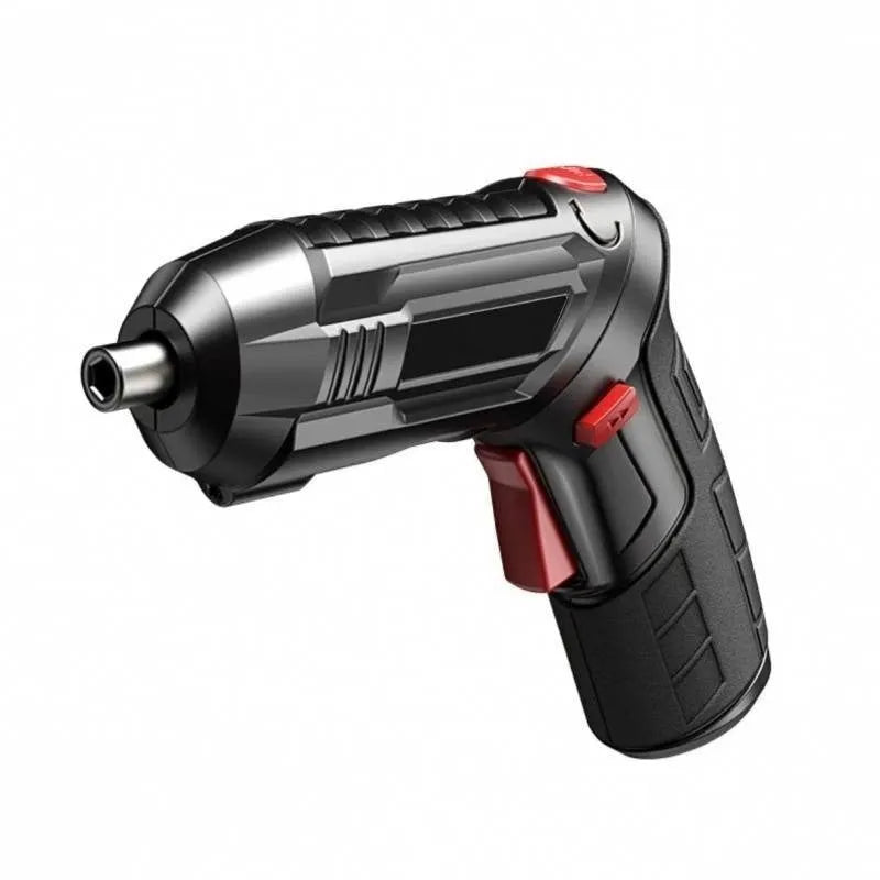 Compact lithium electric screwdriver gun with a utility carry bag on a workbench.