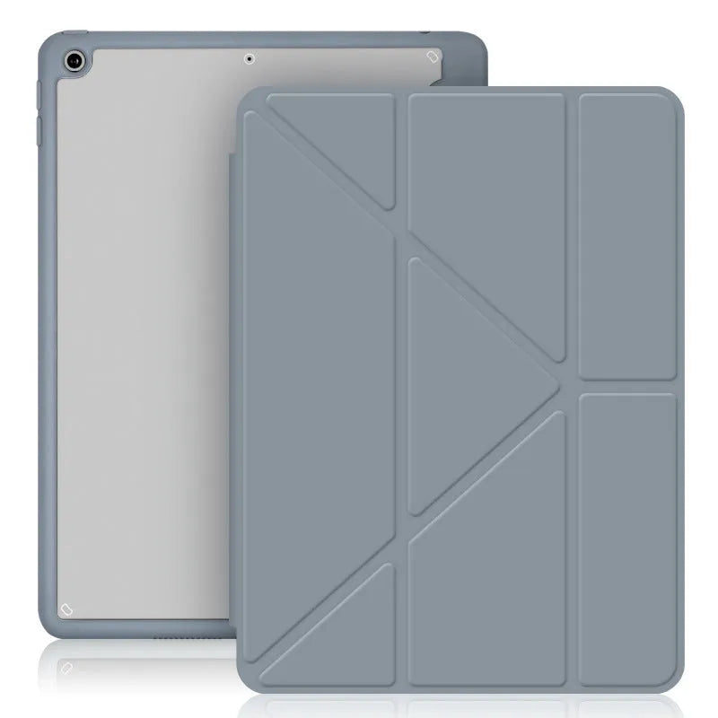 Acrylic Y-folding protective case for iPad with integrated pen slot, shown in dark grey.