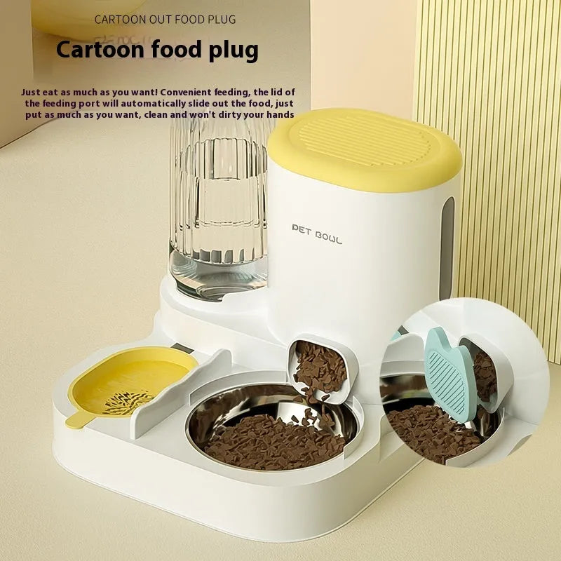 Automatic cat water fountain with two stainless steel food bowls attached, in avocado green colour.