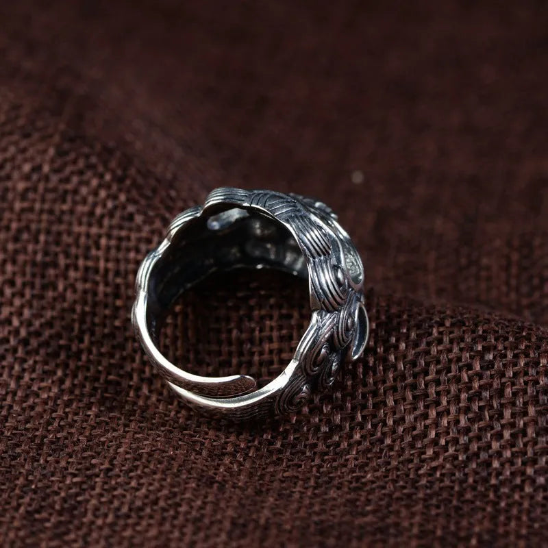 Silver open ring with Jibeast pattern and animal zodiac modelling diamond detail
