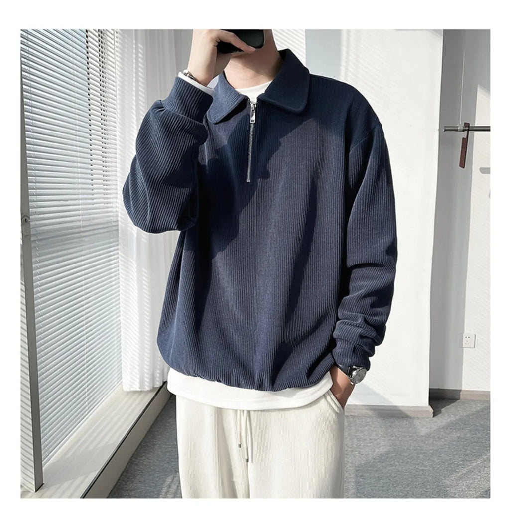 Men's half zip polo sweater striped thin coat pullover long sleeve polyester fibre
