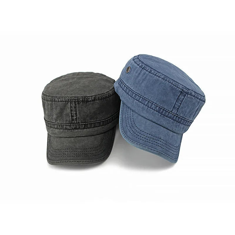 Flat top military cap in cotton fabric with adjustable strap and four colour options
