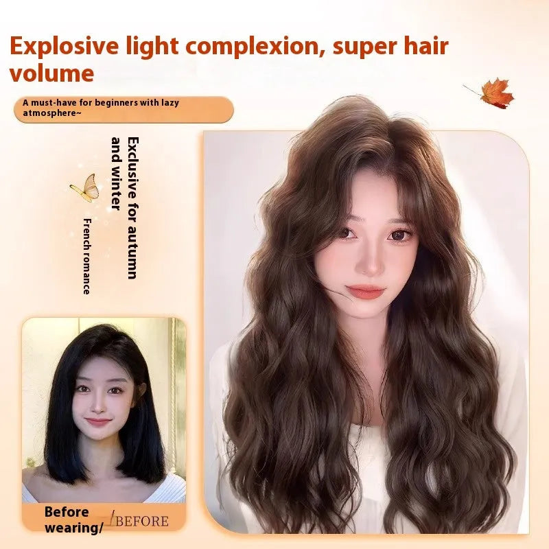 Long curly synthetic wig with side-swept bangs in cold brown colour