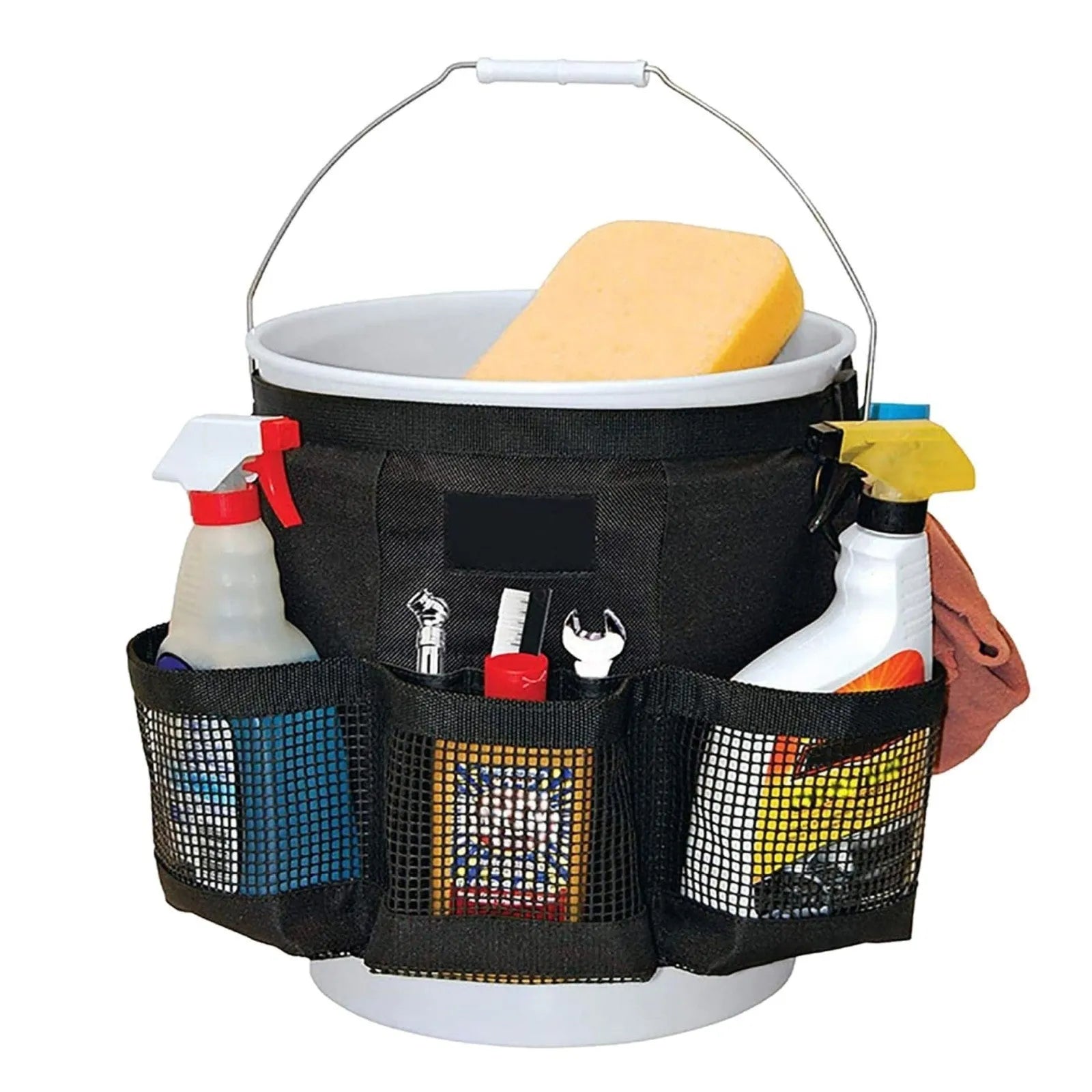 Black cylindrical polyester hanging storage bag fitted on a 5-gallon barrel.