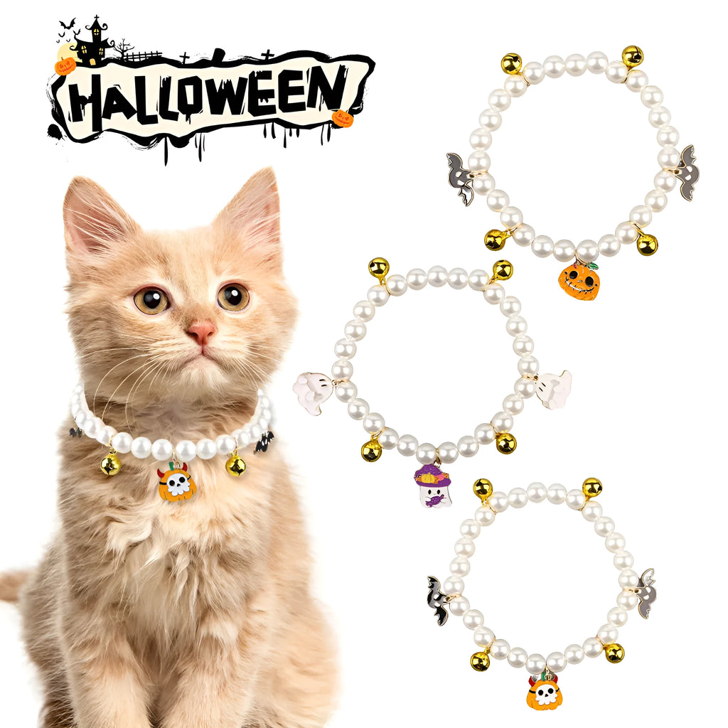 Halloween cat collar decorated with simulated pearls in a pumpkin design on a pet