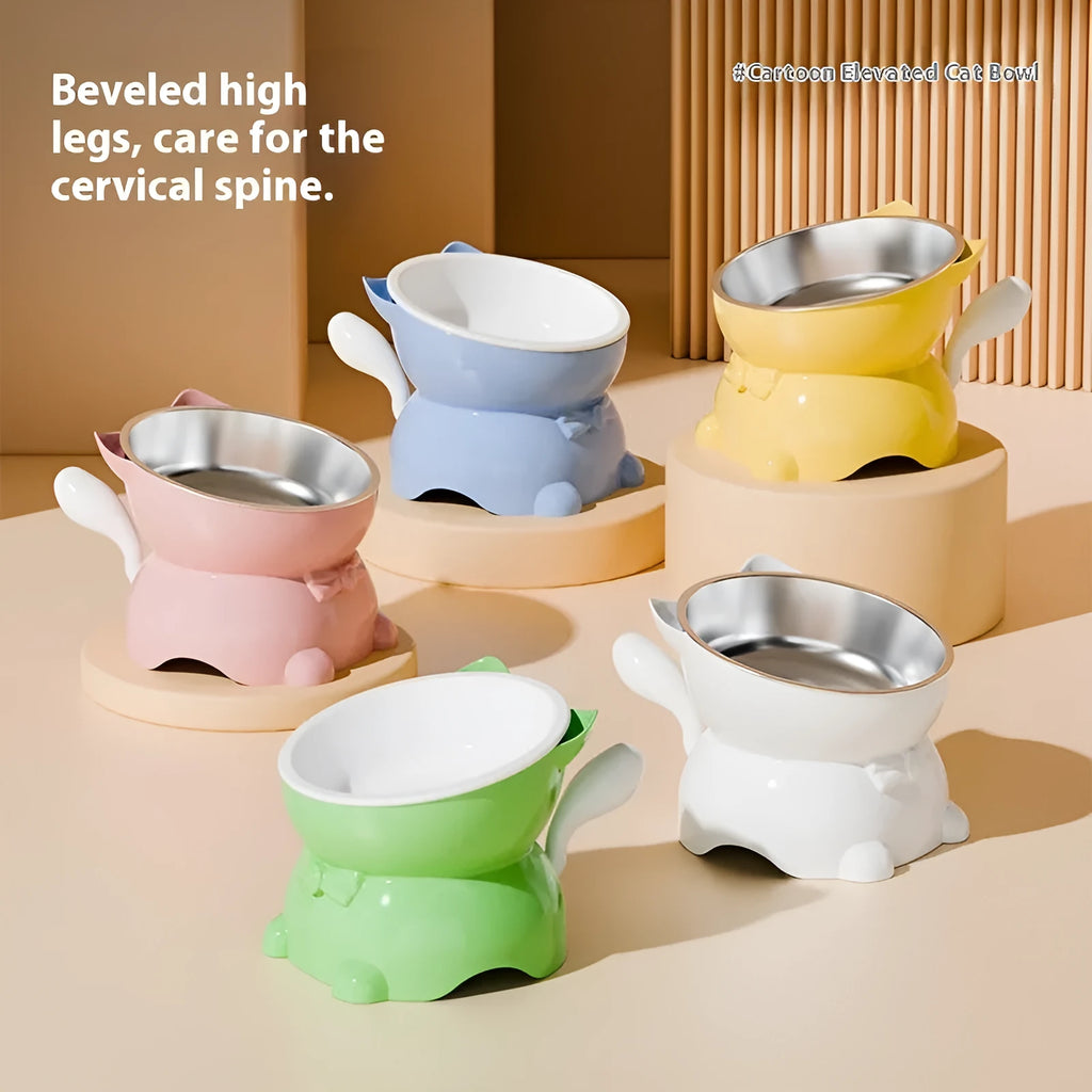 Stainless steel oblique angle cat bowl with coloured base, shown in black, blue, pink, and yellow options.