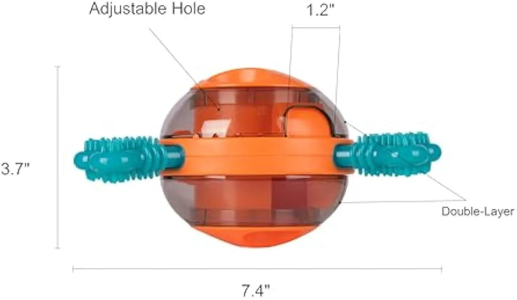 Blue rubber interactive dog chew toy and slow feed puzzle dispenser on a floor.