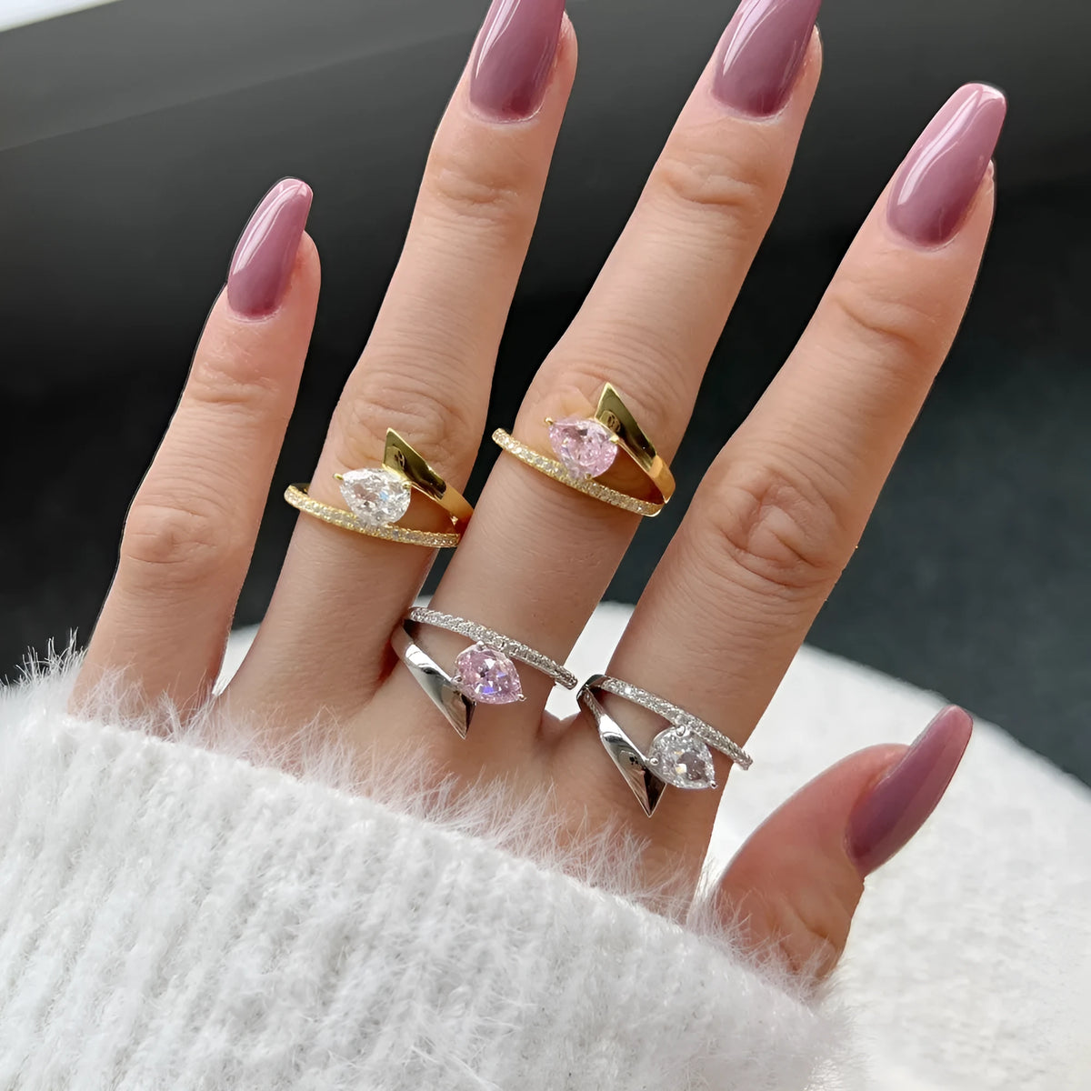 Women's ring with water drop diamond shape, silver electroplated finish, geometric design, available in multiple colours and sizes