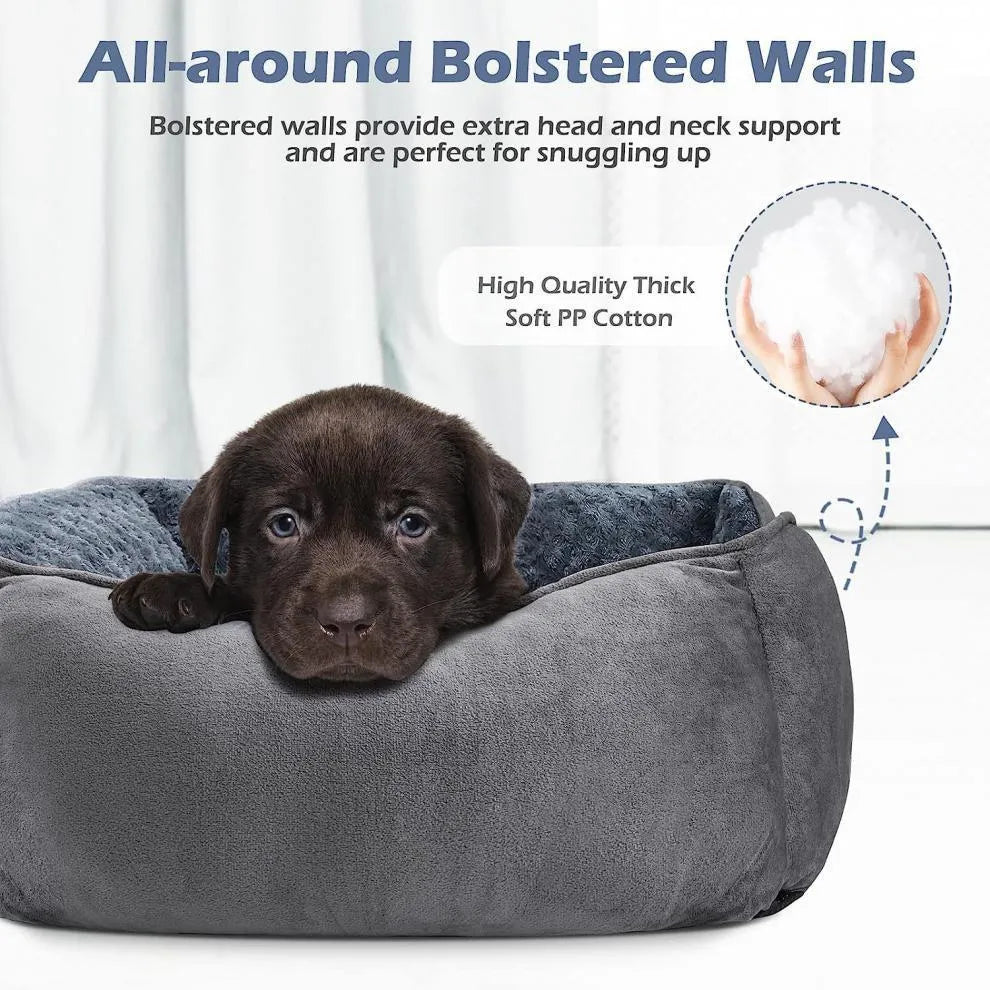 Beige plush kennel-style pet bed for dogs or cats, showing enclosed sides and soft cushioning.