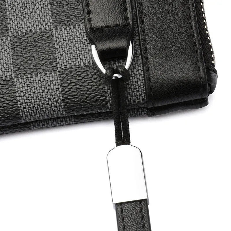 Black plaid clutch style men's leather wallet made from genuine cowhide, shown closed.