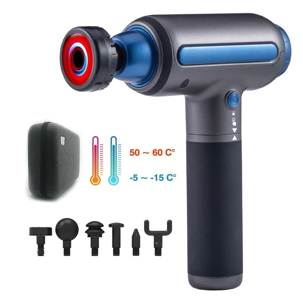 Handheld muscle massager with hot and cold compress, five massage heads, gun colour PC+ABS shell