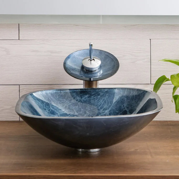 Blue grey foil coloured tempered glass bathroom vanity basin with a simple art design