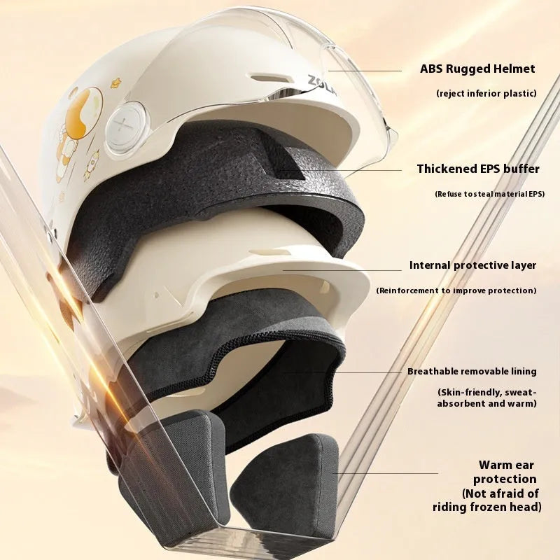 Khaki coloured electric motorcycle half helmet with a long mirrored visor on a table.