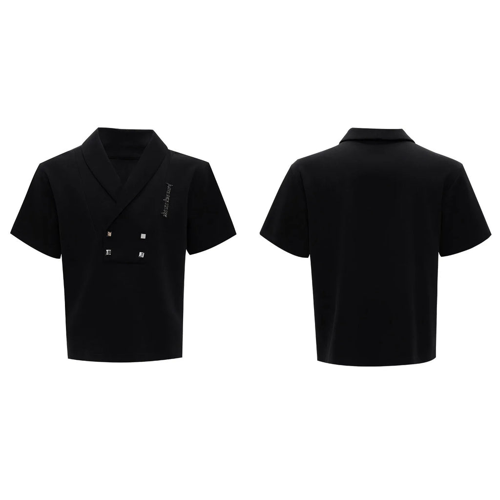 Men's dark grey V-neck sports suit with padded shoulders, metal details, and cotton shorts laid flat.