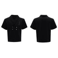 Men's dark grey V-neck sports suit with padded shoulders, metal details, and cotton shorts laid flat.