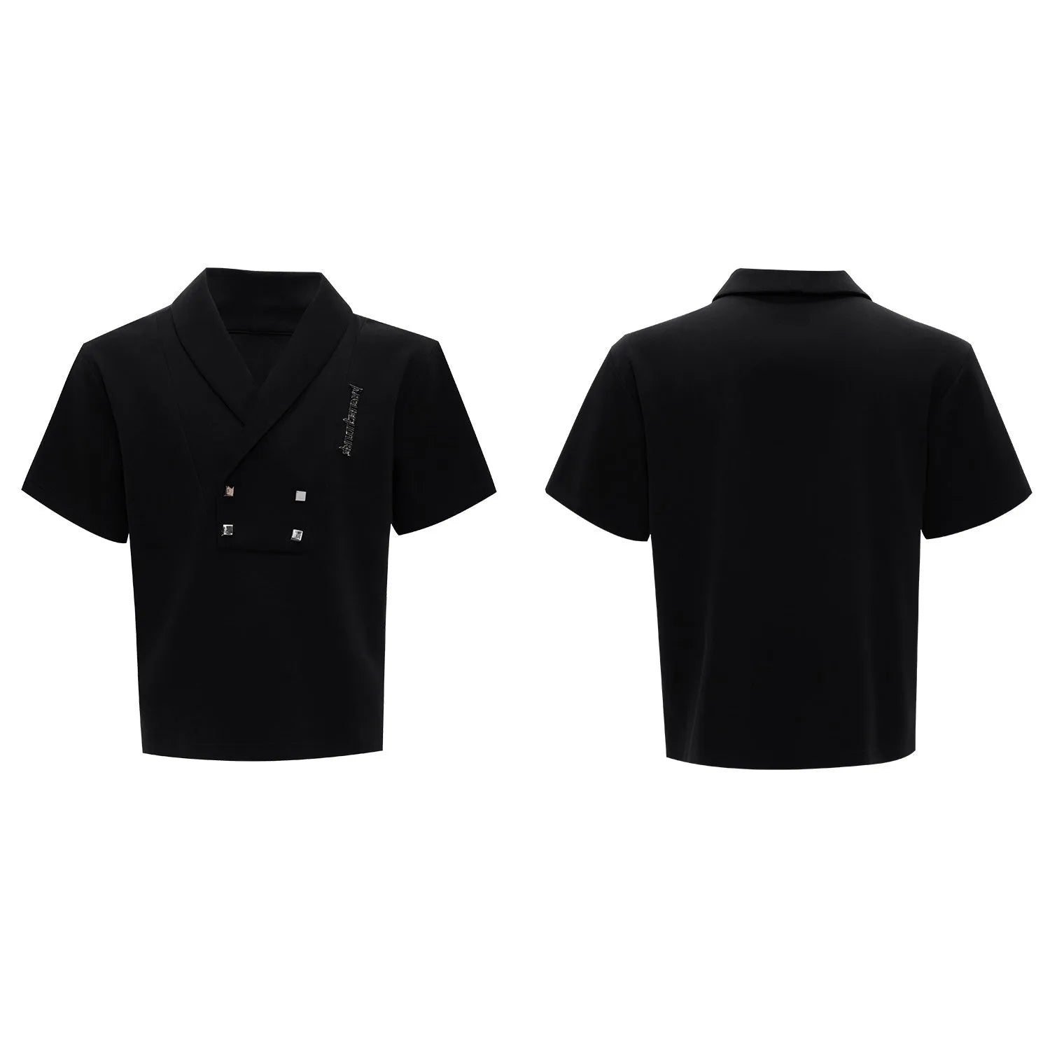 Men's dark grey V-neck sports suit with padded shoulders, metal details, and cotton shorts laid flat.