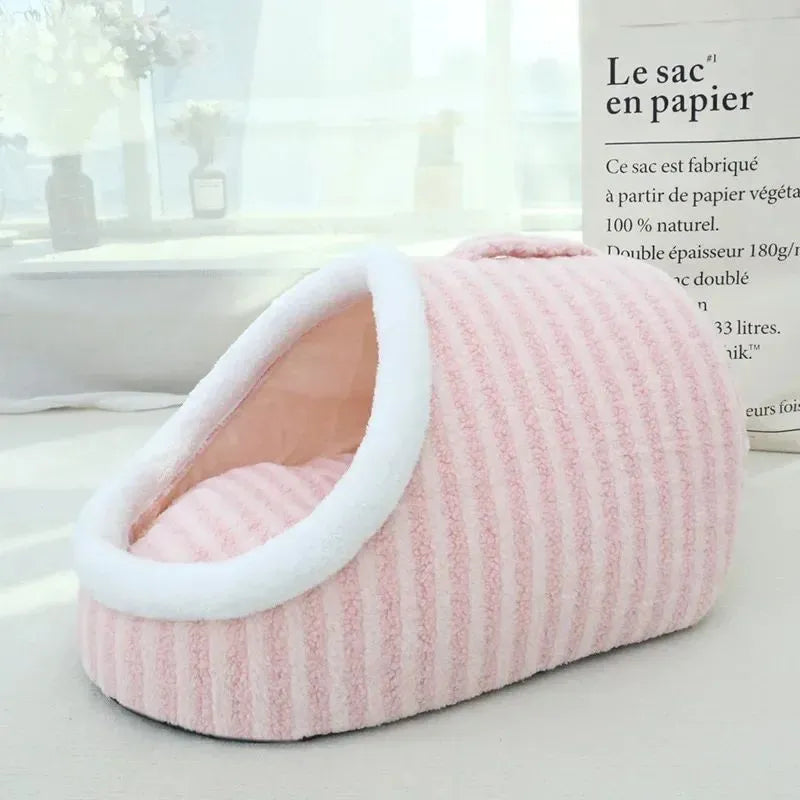Thickened 3D dog cat bed with removable sponge in striped fabric, blue colour option