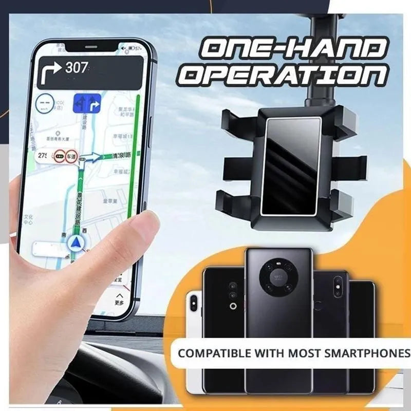 Black rearview mirror phone holder with 360° rotation and telescopic arm extended